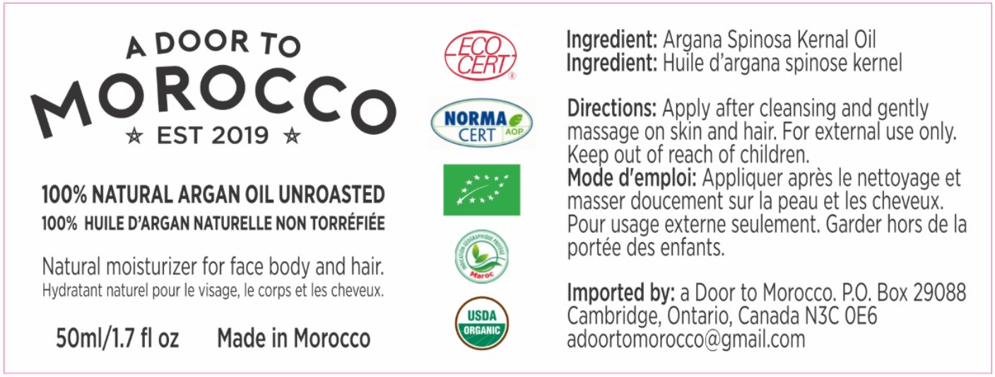 A Door to Morocco's Argan oil label, Ingredients listed are Argana Spinosa Kernal Oil